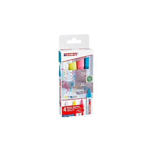4057305072351 - Glasmarker edding 95 für Glasoberflächen & Whiteboards Strichbreite 15-3 mm runde Spitze 4er Set Weiß Gelb Pink und Hellblau