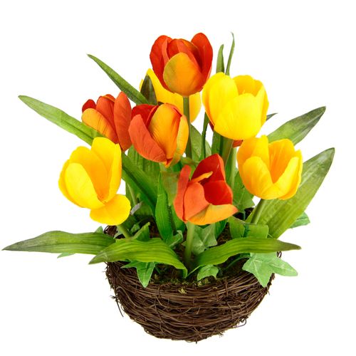 4019844793104 - Kunstblume Tulpe IGEA Höhe 25 cm Im Weidenest Blume Papageientulpe Blüte Osterdeko gelb|orange