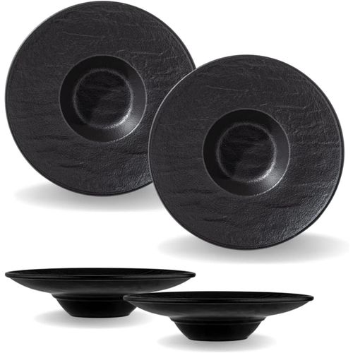 5905454260749 - Tiefe Schalen - 2 Stück 27 cm   250 ml Schwarze Pastateller Natursteintextur