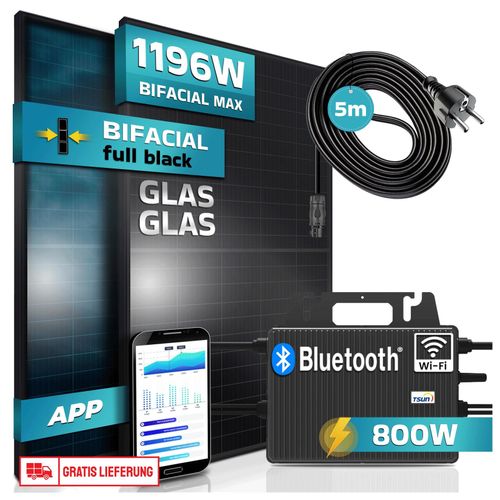 4255656230028 - SUNNIVA® Balkonkraftwerk FULL BLACK BIFACIAL GLAS-GLAS 1196W 800W Solaranlage mit 800W TSUN Micro Wechselrichter Wifi Bluetooth upgradebar drosselbar 2x460W Solarmodule 5m Kabel Photovoltaikanlage 4255656230028 - SUNNIVA® Balkonkraftwerk FULL BLACK BIFACIAL GLAS-GLAS 1196W 800W Solaranlage mit 800W TSUN Micro Wechselrichter Wifi Bluetooth upgradebar drosselbar 2x460W Solarmodule 5m Kabel Photovoltaikanlage