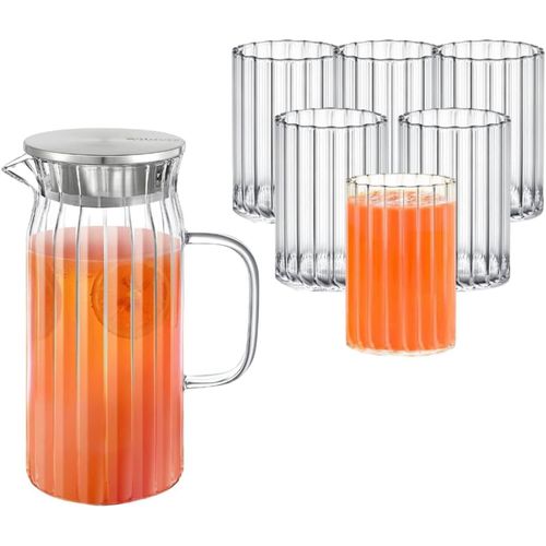 8682455438250 - Wilmax Glaskaraffe 1L mit 6 Wassergläsern (250 ml) – Elegantes Set mit Edelstahl-Deckel 8682455438250 - Wilmax Glaskaraffe 1L mit 6 Wassergläsern (250 ml) – Elegantes Set mit Edelstahl-Deckel