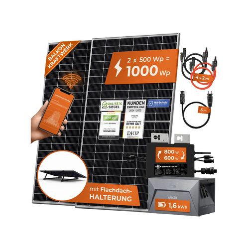 4262403074101 - Solarway® 1000W Balkonkraftwerk mit Speicher 800W komplett Steckdose - neuester 800 Watt Wechselrichter - 16 kWh Anker Solix 1 - 500W bifaziale Solarmodule & Envertech & Anker