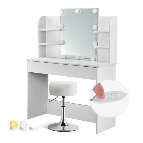 4262437183985 - Schminktisch Bella mit led Beleuchtung & Hocker Tonia - Spiegel Schublade & Fächer - Sitzhocker rund & höhenverstellbar - Kosmetiktisch Weiß - Juskys 4262437183985 - Schminktisch Bella mit led Beleuchtung & Hocker Tonia - Spiegel Schublade & Fächer - Sitzhocker rund & höhenverstellbar - Kosmetiktisch Weiß - Juskys