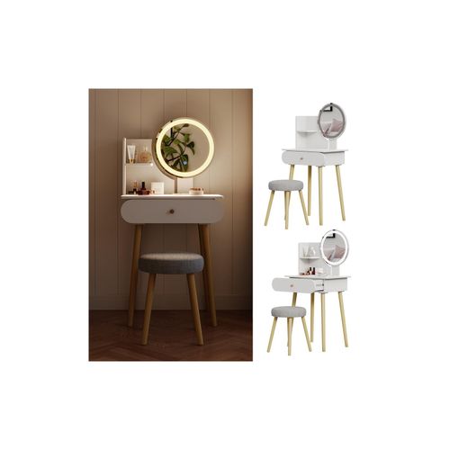 4066731351190 - Schminktisch Edda LED-Spiegel Hocker 60 x 76 cm Weiß Frisiertisch modern 4066731351190 - Schminktisch Edda LED-Spiegel Hocker 60 x 76 cm Weiß Frisiertisch modern