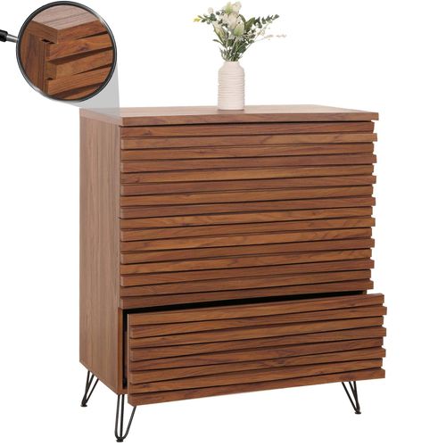 4057651821443 - Kommode MCW-M49 Sideboard Schrank Highboard 3D-Design 3 Schubladen Massiv-Holz Mango Metall 94x80x45cm ~ Walnuss-Optik