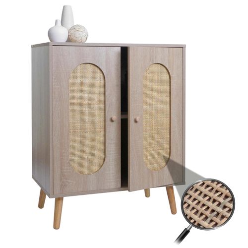 4057651644189 - Kommode MCW-M35 Schrank Sideboard Highboard Staufächer Kubu Rattan Holz Melamin Eiche-Optik