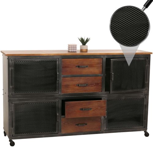 4057651868035 - Sideboard MCW-N28 Kommode Rollen 4 Schubladen 3D-Struktur Industrial Retro Metall Holz 90x150x40cm ~ schwarz braun