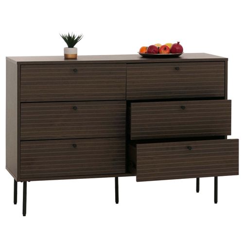 4057651882963 - Kommode MCW-N78 Sideboard Schrank 6 Schubladen skandinavischer Stil Metall Holz Melamin MVG 85x120x40cm ~ dunkelbraun