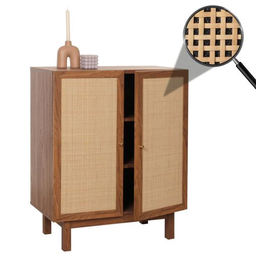 4057651646695 - Highboard MCW-M51 Kommode Schrank Sideboard Staufächer Massiv-Holz Mango Kubu Rattan 98x79x42cm ~ Walnuss-Optik