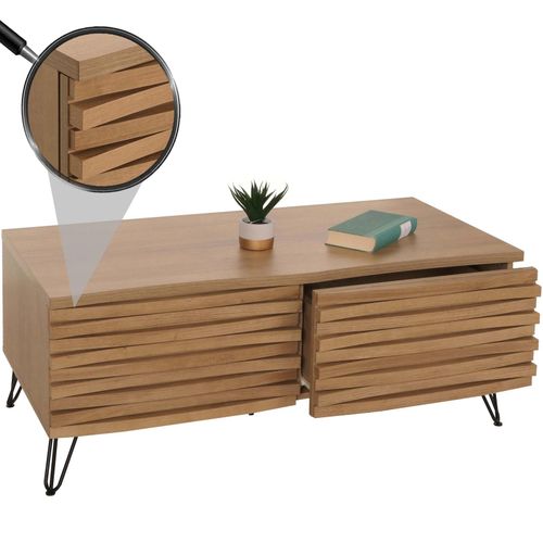 4057651651538 - Couchtisch MCW-M49 Wohnzimmertisch Tisch 3D-Design 2 Schubladen Massiv-Holz Mango Metall 46x110x55cm ~ natur