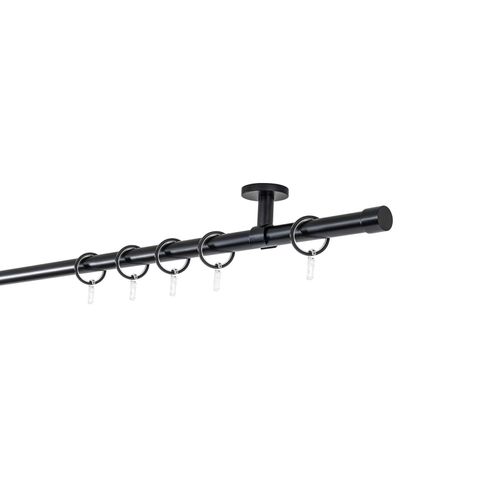 4066866157759 - Gardinenstange auf Maß 20mm Cap 1-lauf Vorhangstange Deckenträger 4cm Stilgarnitur mit Ringen für Vorhänge - Schwarz - 190cm