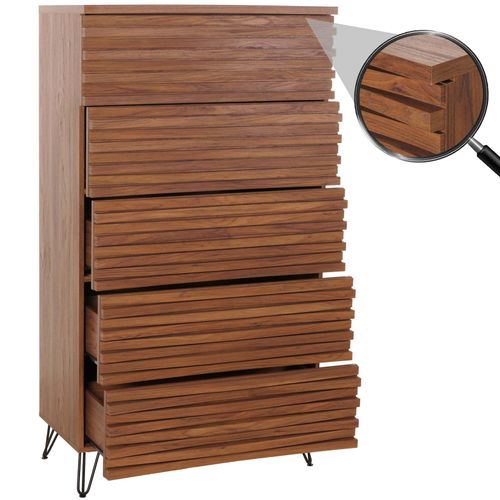 4057651651408 - Kommode MCW-M49 Highboard Schrank 3D-Design 5 Schubladen Massiv-Holz Mango Metall 145x80x44cm ~ Walnuss-Optik