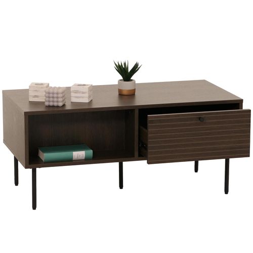 4057651895048 - Couchtisch MCW-N78 Wohnzimmertisch Sofatisch skandinavischer Stil Metall Holz Melamin MVG 45x100x50cm ~ dunkelbraun
