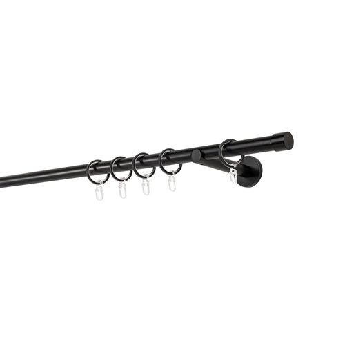 4066866112840 - Ondeco - Gardinenstange auf Maß 20mm Cap 1-lauf Vorhangstange Wandträger 12cm Stilgarnitur mit Ringen für Vorhänge - Schwarz - 230cm