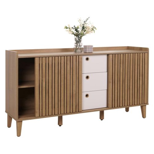 4057651647142 - Sideboard MCW-M48 Kommode Schiebetür Staufach MDF 81x150x40cm ~ natur Schubladen weiß