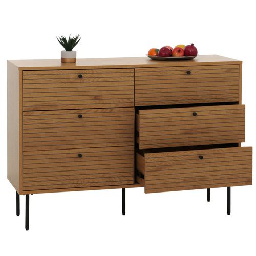4057651867311 - Kommode MCW-N78 Sideboard Schrank 6 Schubladen skandinavischer Stil Metall Holz Melamin MVG 85x120x40cm ~ natur