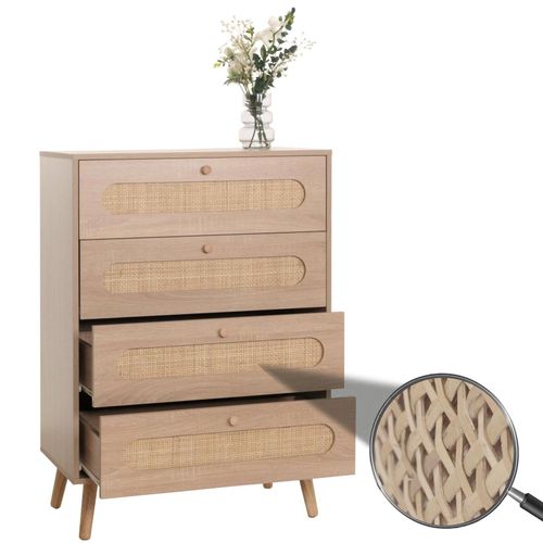 4057651649771 - Kommode MCW-M38 Schrank Sideboard Highboard Kubu Rattan Holz 101x71x42cm Eiche-Optik