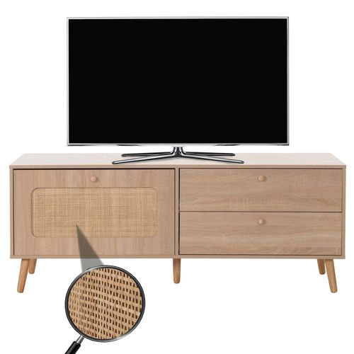 4057651833392 - TV-Rack MCW-M38 Lowboard Fernsehtisch TV-Schrank Kommode Schublade Türe Kubu Rattan Holz 56x140x41cm Eiche-Optik