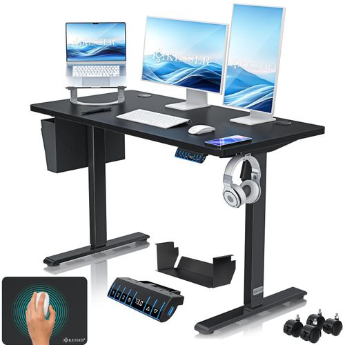 4255598328821 - KESSER® Höhenverstellbarer Schreibtisch elektrisch Ergonomisch Steh-Sitz Schreibtisch 3-Funktions-Memory Steuerung Inkl 360° Rollen & USB-Ladeanschluss Computertisch für Homeoffice