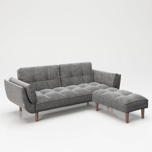 7640136872404 - PLAYBOY - SET Sofa mit Fussablage SCARLETT gepolsterte Couch mit Bettfunktion Samtstoff in Grau mit Massivholzfüsse Retro-Design 7640136872404 - PLAYBOY - SET Sofa mit Fussablage SCARLETT gepolsterte Couch mit Bettfunktion Samtstoff in Grau mit Massivholzfüsse Retro-Design