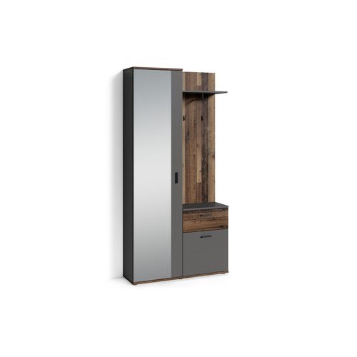 4251942212679 - Byliving - Kompakt-Garderobe jakob Korpus in Old Wood Schubladen-Front in anthrazit Garderobe mit großer Spiegeltür Fest montiertes Set 4251942212679 - Byliving - Kompakt-Garderobe jakob Korpus in Old Wood Schubladen-Front in anthrazit Garderobe mit großer Spiegeltür Fest montiertes Set