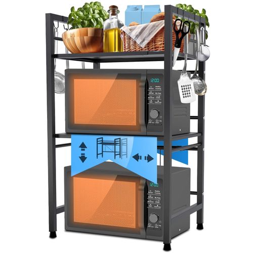 4255716324391 - Mikrowellenregal Marana stehend stufig I Variabel in Breite I Ideal für die Arbeitsplatte in der Küche I Mit 8 Haken und Ausziehbar 4255716324391 - Mikrowellenregal Marana stehend stufig I Variabel in Breite I Ideal für die Arbeitsplatte in der Küche I Mit 8 Haken und Ausziehbar
