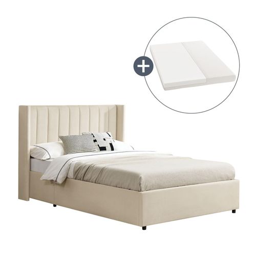 4260565529255 - Polsterbett Savona 140x200 cm mit Matratze - Bett mit Stauraum Samt-Bezug - Bettgestell aus Holz bis 250 kg großes Kopfteil - Beige