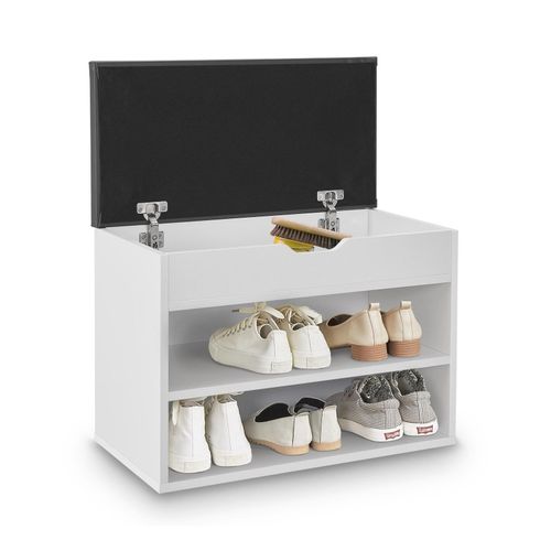 4260565526445 - Schuhregal mit Klappdeckel und gepolstertem Sitz 60x30x44 cm - Schmale Sitzbank aus Holz mit Schuhablage und Polster - Weiß - Juskys 4260565526445 - Schuhregal mit Klappdeckel und gepolstertem Sitz 60x30x44 cm - Schmale Sitzbank aus Holz mit Schuhablage und Polster - Weiß - Juskys