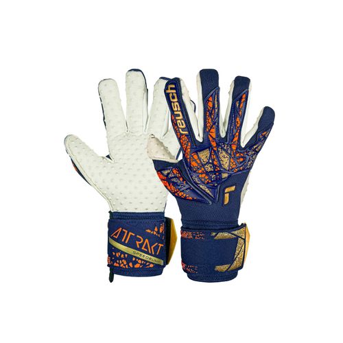 4060485473962 - Torwarthandschuhe REUSCH Attrakt SpeedBump Damen Gr 105 bunt (goldfarben blau) 69% Elastodien 26% Polyester 5% Polyamid mehrfarbig Handschuhe mit Evolution Negative Cut