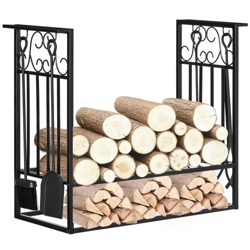 4251774971355 - Kaminholzständer mit Kaminbesteck schwarz 75 x 30 x 60 cm (BxTxH) Brennholzregal Feuerholzablage Holzablage Metallregal