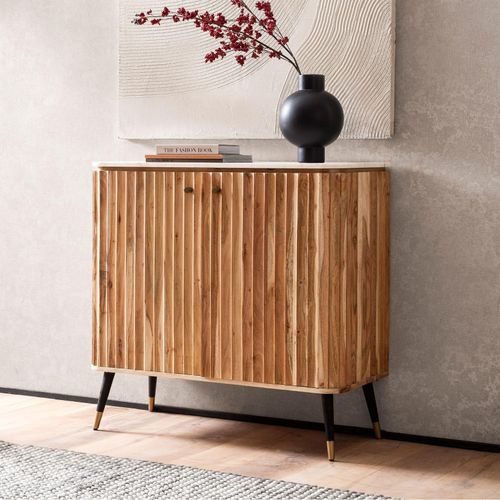 4251757724459 - Finebuy - Hausbar Akazie Massivholz 95x90x41 cm Weinbar Echter Marmor Kleine Bar Modern Barschrank mit Türen und Weinregal Spirituosenschrank mit