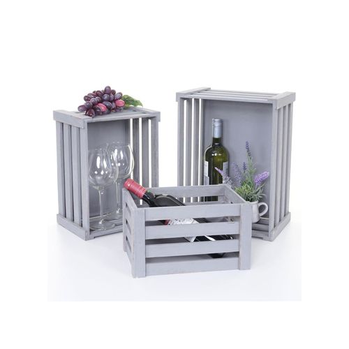 4057651248004 - 3er Set Holzkiste MCW-C56 Weinkiste Dekokiste Aufbewahrungskiste Obstkiste Shabby-Look Vintage ~ grau shabby
