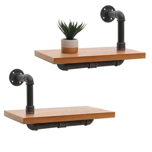 4057651653501 - 2er-Set Wandregal MCW-N29 Hängeregal Regal Bücherregal 3D-Struktur Industrial Stahl Massiv-Holz 29x45x25cm ~ natur