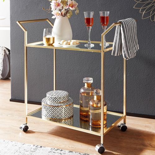 4251757706691 - Finebuy - Design Servierwagen Gold 73x78x37 cm Küchenwagen Glas   Metall Mobiler Beistelltisch Speisewagen mit Glasplatte Teewagen Mini Bar auf 4
