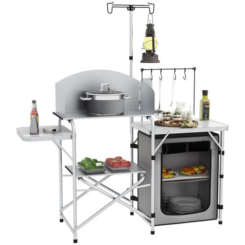 4255633564986 - Camping Küche mit Windschutz silber 144L x 48B x 119H cm