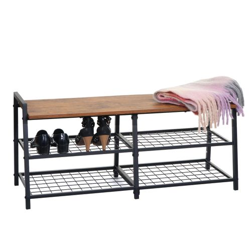 4057651633282 - Schuhregal MCW-A27 Schuhschrank Schuhablage Sitzbank 4 Fächer Metall 3D-Struktur 40x107x38cm Wildeiche-Optik
