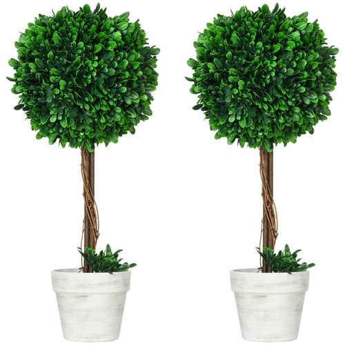 4255633545282 - 2er-Set Künstlicher Buchsbaum groß 60 cm Kunstpflanze UV-beständig Plastik Künstliche Pflanzen im Topf Kunstbaum Fake Plant wie echt für