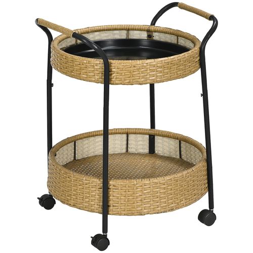 4255633557704 - Servierwagen Rattan Trolley mit 2 Regalen Gartenrollwagen Runde Küchenwagen mit Griffen Outdoor Barwagen für Balkon Stahlrahmen Natur Φ50 x 66 4255633557704 - Servierwagen Rattan Trolley mit 2 Regalen Gartenrollwagen Runde Küchenwagen mit Griffen Outdoor Barwagen für Balkon Stahlrahmen Natur Φ50 x 66
