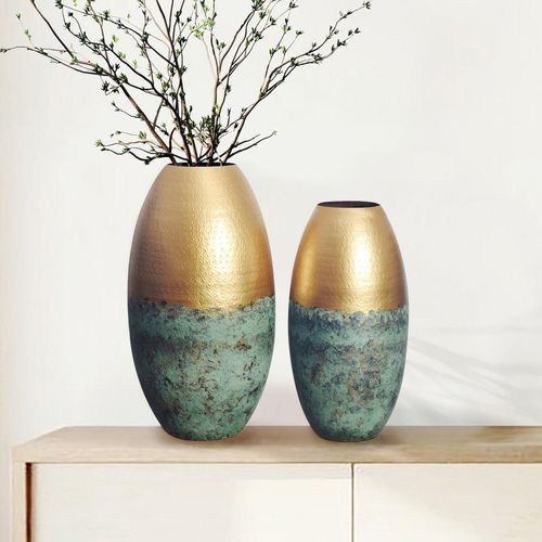4251757727627 - Vase 2er Set Blumenvase Aluminium Gold Patina Tischvase Punziert Rund 4251757727627 - Vase 2er Set Blumenvase Aluminium Gold Patina Tischvase Punziert Rund
