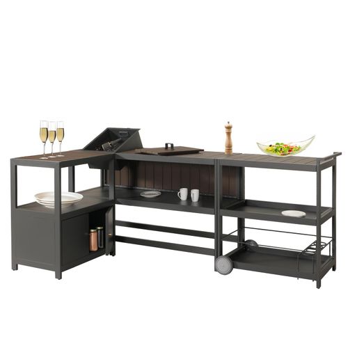 4057651638232 - Aluminium Outdoor-Küche 3-teilig MCW-M64 Außenküche Garten Servierwagen Eiskübel Schrank ~ anthrazit dunkle Holzoptik