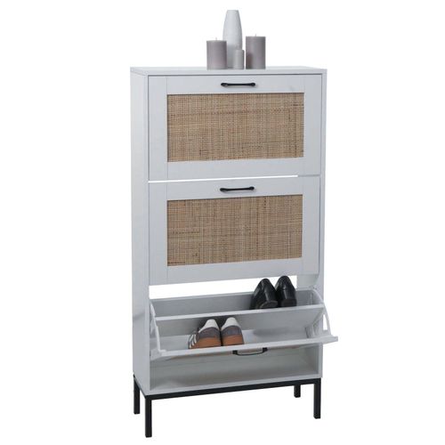 4057651711164 - Schuhschrank MCW-N92 Schuhkipper Schuhregal 3 Fächer Rattanfront Melamin 126x63x24cm ~ weiß 4057651711164 - Schuhschrank MCW-N92 Schuhkipper Schuhregal 3 Fächer Rattanfront Melamin 126x63x24cm ~ weiß