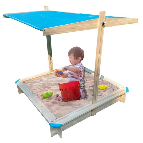 4255636606560 - NYVI Kinder Sandkasten mit Dach NYVIKids Lucia 116x116 cm - Sandkasten mit verstellbarer Sonnenschutz Abdeckung & 4 Sitzbänken