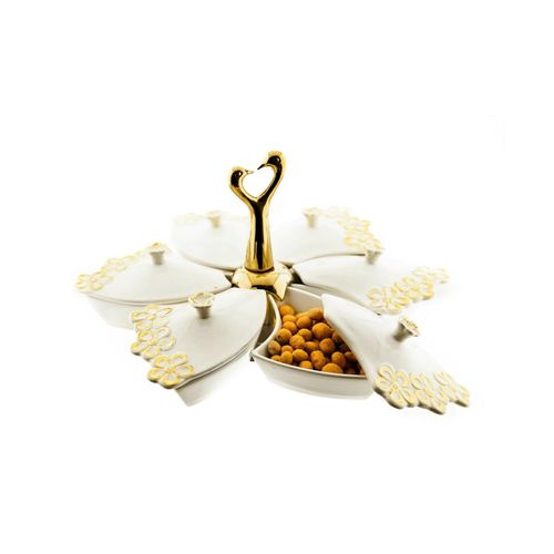 4251924319075 - 6-teiliges Snackschalen-Set aus Porzellan in Weiß Goldene Halterung