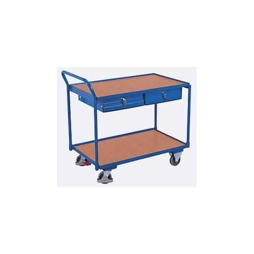 4035694001176 - Leichter Tischwagen Stahl MDF-Platte Enzianblau Buche-Dekor 2 Etagen L 985 x B 605 mm 2 Schubladen TPE-Rollen mit EasySTOP bis 250 kg 4035694001176 - Leichter Tischwagen Stahl MDF-Platte Enzianblau Buche-Dekor 2 Etagen L 985 x B 605 mm 2 Schubladen TPE-Rollen mit EasySTOP bis 250 kg