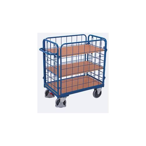 4035694008991 - Drahtgitter-Etagenwagen Stahl MDF-Platte Enzianblau Buche-Dekor 1 Etage 1200 x 800 mm einhängbare Längswände EasySTOP bis 500 kg