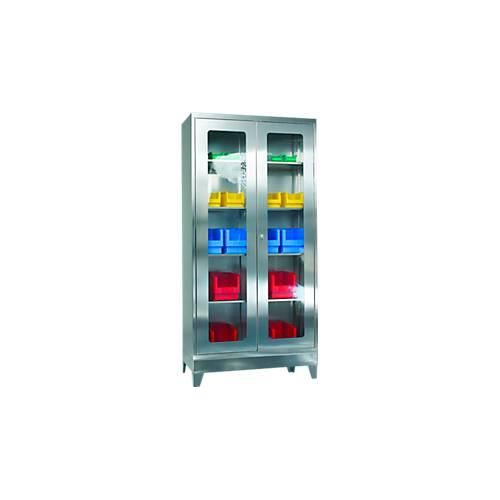 4260336541158 - Edelstahl-Vitrinenschrank 2-türig 4 Einlegeböden mit Füßen B 1000 x T 500 x H 1950 mm 4260336541158 - Edelstahl-Vitrinenschrank 2-türig 4 Einlegeböden mit Füßen B 1000 x T 500 x H 1950 mm