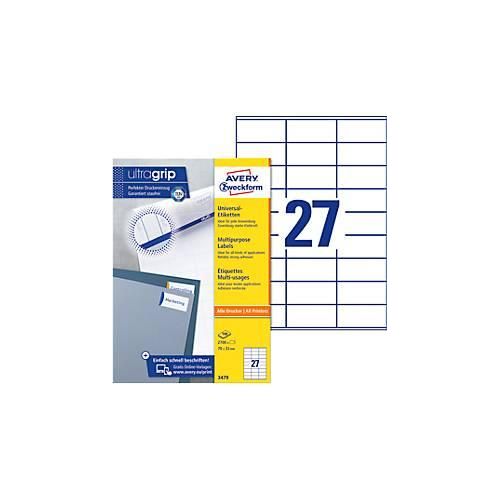 4004182034798 - AVERY Zweckform UltraGrip Laser Universaletiketten 3479 Selbsthaftend DIN A4 Weiß 70 x 32 mm 100 Blatt à 27 Etiketten 4004182034798 - AVERY Zweckform UltraGrip Laser Universaletiketten 3479 Selbsthaftend DIN A4 Weiß 70 x 32 mm 100 Blatt à 27 Etiketten