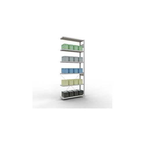 4004514204127 - Schulte Lagertechnik Fachbodenregal Stecksystem MultiPlus250 Anbauregal 6 Fachböden Kreuzstrebe B 1000 x T 300 x H 2500 mm Lichtgrau RAL 7035