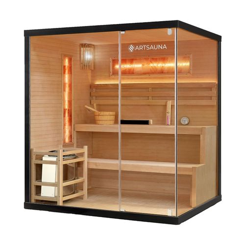 4260565529569 - Saunakabine Vantaa 175 mit Salzstein - Indoor Sauna 4 Personen - 8kW Ofen Glasfront led Licht Thermometer & Sanduhr - Komplett Set - Artsauna
