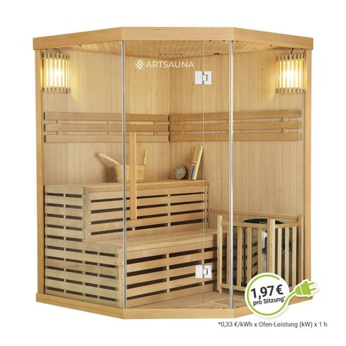 4260565525141 - Saunakabine Espoo150 Premium mit Harvia Ofen – 3 Personen – Hemlock Holz Glasfront und led Licht – Inkl Thermometer & Sanduhr –Komplett Set 4260565525141 - Saunakabine Espoo150 Premium mit Harvia Ofen – 3 Personen – Hemlock Holz Glasfront und led Licht – Inkl Thermometer & Sanduhr –Komplett Set
